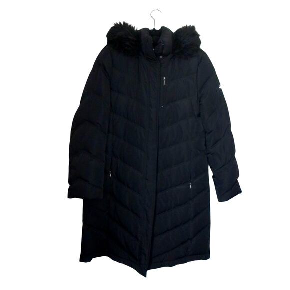 Calvin Klein Long Black Puffer Jacket Duck Down Coat Parka Fur Hooded Size XL - Picture 2 of 10